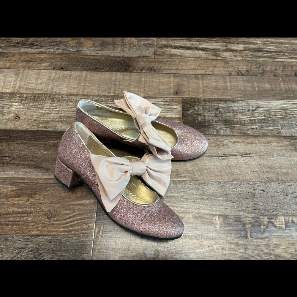 MONNALISA Pink Glitter Gold Leather Heeled Maryjane Shoes 36 4 Italy Easter